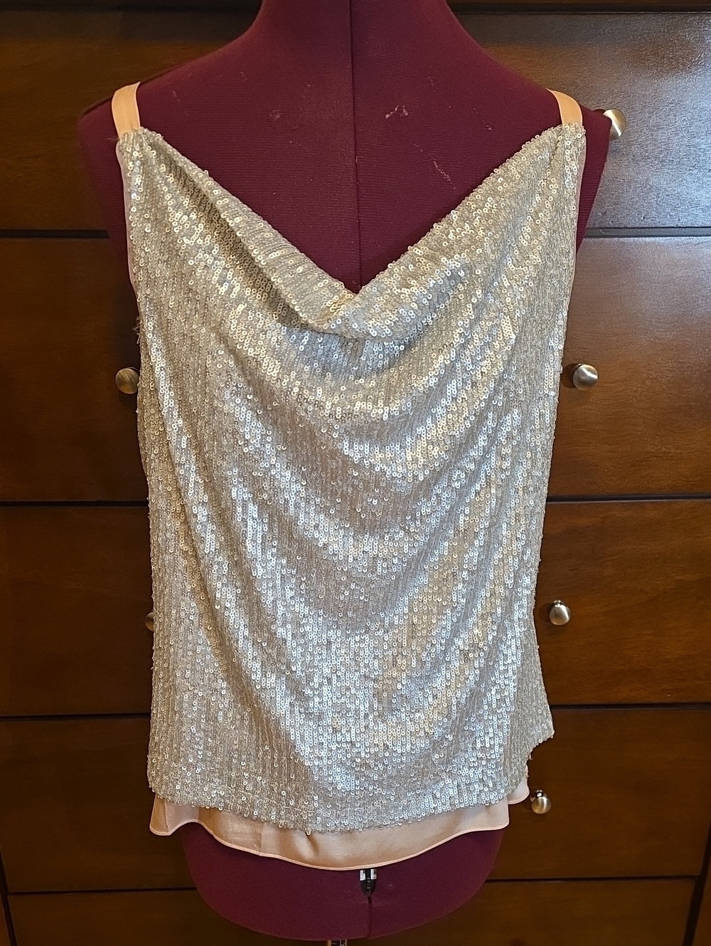 WHBM Sleeveless Silver Sequin Drape Neck Shell; Size S